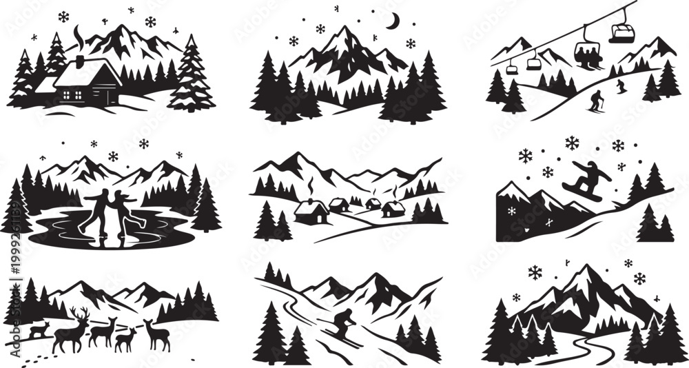 Fototapeta premium Collection of nine black and white winter landscape featuring snowy mountains, pine forests, cozy cabins, skiing, snowboarding, ice skating, chairlifts, and wild deer in nature