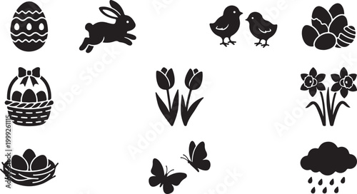Collection of black silhouette for easter and spring, featuring a decorated egg, jumping rabbit, baby chicks, nest, flower basket, tulips, daffodils, butterflies, and a rainy cloud