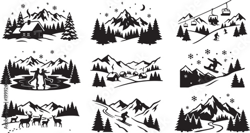 Collection of nine black and white winter landscape featuring snowy mountains, pine forests, cozy cabins, skiing, snowboarding, ice skating, chairlifts, and wild deer in nature