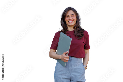 Fotografía Smiling woman holding laptop, a happy professional and student working remotely