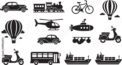 Collection of black silhouette representing various modes of transportation, including vintage cars, a steam train, bicycle, hot air balloons, helicopter, submarine, scooter, bus, and cargo ships