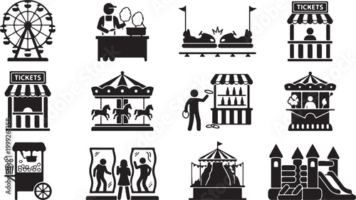 Set of black and white carnival and amusement park featuring a ferris wheel, carousel, bumper cars, ticket booths, popcorn cart, cotton candy vendor, ring toss game, and bouncy castle