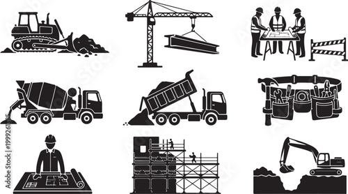 Set of black and white construction featuring heavy machinery, workers with blueprints, scaffolding, a dump truck, a concrete mixer, and a tool belt, isolated on a white background