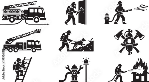 Set of black and white firefighter featuring fire trucks with ladders, rescue personnel with axes, hoses, hydrants, search dogs, protective helmets, and burning buildings in a flat style