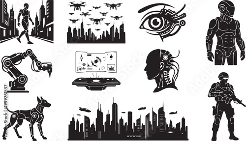 Set of black and white futuristic featuring robotic figures, mechanical arms, cybernetic eyes, drone swarms, advanced city skylines, and tactical android soldiers in a minimalist style