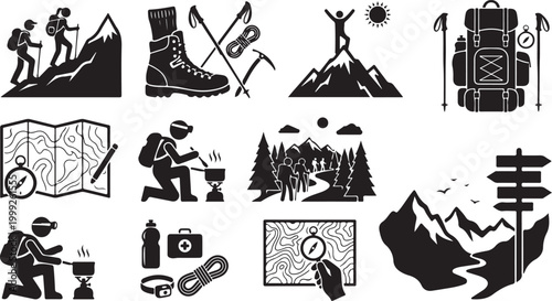 Set of black and white hiking and camping featuring mountain climbers, topographic maps, trekking gear, backpacks, compasses, cooking equipment, and wilderness trail signs on white background