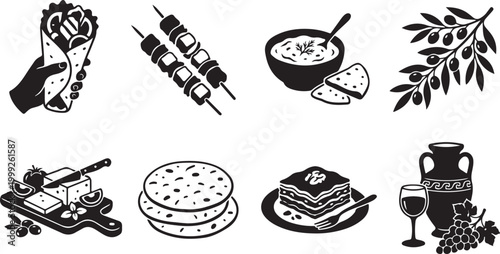 Set of black and white mediterranean food featuring a hand holding a wrap, meat skewers, olive branch, feta cheese board, pita bread, lasagna slice, wine glass, and an ancient greek amphora