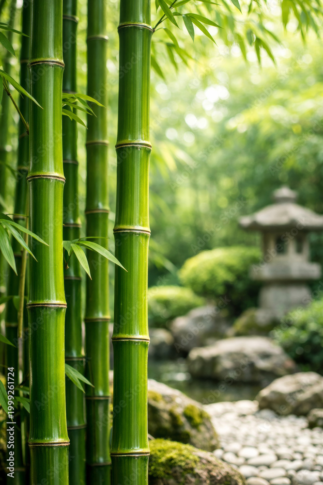 Fototapeta premium Lush bamboo stalks in serene japanese garden setting