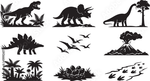 Set of black dinosaur silhouettes featuring a t-rex, triceratops, brachiosaurus, stegosaurus, pterodactyls, an erupting volcano, prehistoric palm trees, a nest with eggs, and fossilized footprints