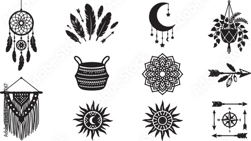 Set of black boho featuring dreamcatchers, feathers, macrame wall hangings, celestial sun and moon symbols, potted hanging plants, woven baskets, mandalas, arrows, and a compass rose