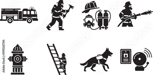Set of black firefighter featuring a fire truck, a fireman with an axe, breathing apparatus, a hose, a hydrant, a ladder, a rescue dog, and a fire alarm bell on a white background