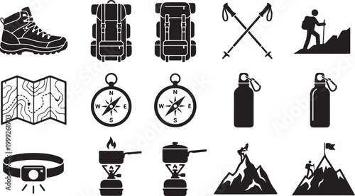 Set of black hiking and camping featuring a trekking boot, backpacks, walking poles, a topographic map, a compass, water bottles, a headlamp, a portable camping stove, and mountain climbers