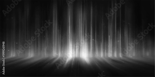 Abstract black and white light display, the radiant glow ascends from below and shines in a display of artistic wonder. This image evokes feelings of depth and mystery.