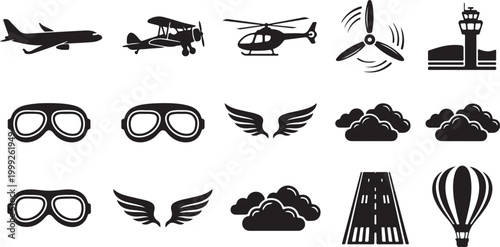 Set of black silhouette featuring aviation themes, including airplanes, vintage biplanes, helicopters, propellers, control towers, pilot goggles, wings, clouds, runways, and balloons