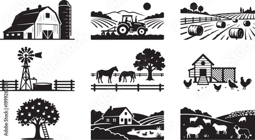 Set of nine black and white farm featuring barns, tractors, livestock, windmills, and rural landscapes for agricultural branding and projects