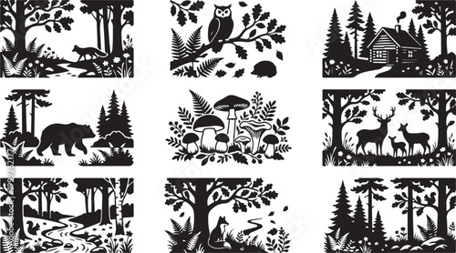 Set of nine black and white forest nature scenes featuring woodland animals, a rustic log cabin, mushrooms, deer, a fox, a bear, an owl, and dense pine trees in a flat silhouette style