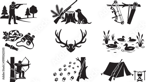 Set of nine black silhouette depicting hunting activities, including a hunter with a rifle, a dog by a tree stump, a compound bow, binoculars, deer antlers, ducks in a pond, and a campsite
