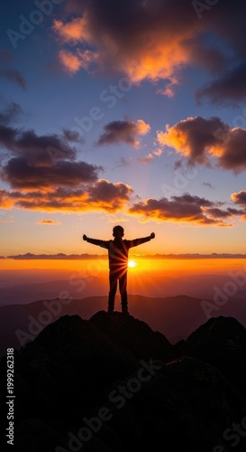 Man Stands on Mountain Embracing Sunset.