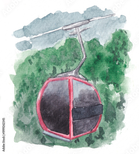 Cable car transportation. Gondola with landscape below, watercolor illustration