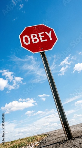 A stark red stop sign demanding obedience against a vast, cloud-dotted blue sky