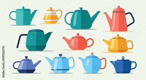 A colorful collection of 12 teapots in various shapes and sizes