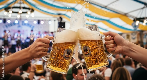 Two beer mugs clinking together at a festive oktoberfest celebration