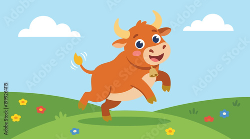 A cartoon bull jumping on green hills.