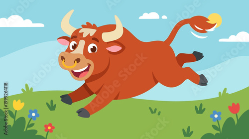 A cartoon bull jumping over green hills.