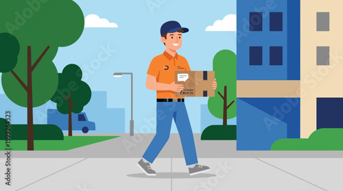 Delivery man walking on sidewalk with package.