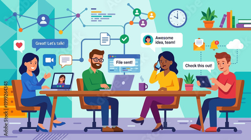 Colleagues collaborating in modern office space.