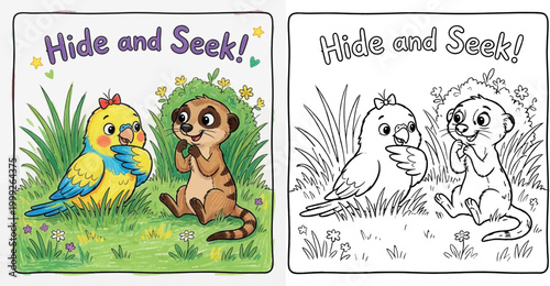 Meerkat and Bird Playing Hide and Seek Coloring Page