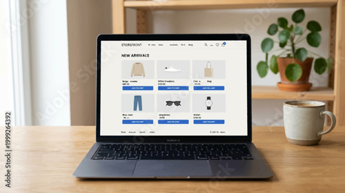 Laptop on wooden desk with clothing website.