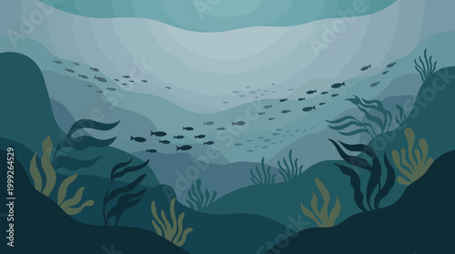 Underwater scene with seaweed and fish.