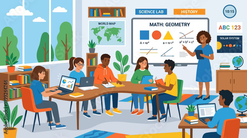 Diverse group of students learning geometry in a classroom setting with teacher.