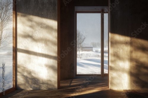 Sunlight streams through large windows of a rustic room onto snowy landscape