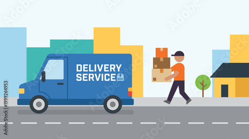 Delivery service worker transporting packages on foot.