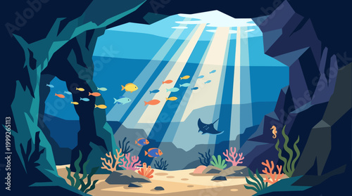 Underwater scene with sea life and coral.