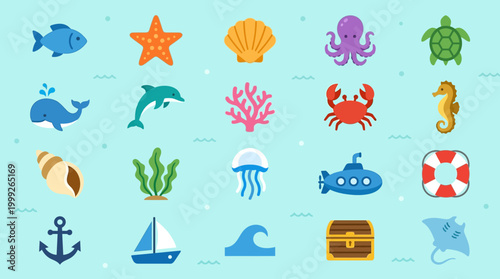 Collection of colorful ocean animal icons.