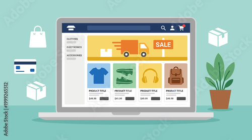 Online shopping sale on laptop screen.