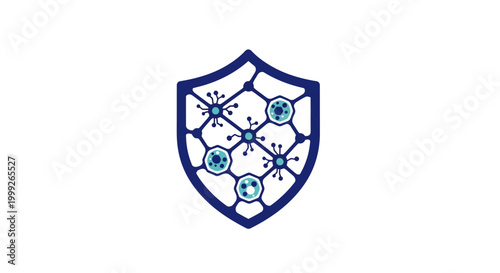 Blue shield with molecular structure design.