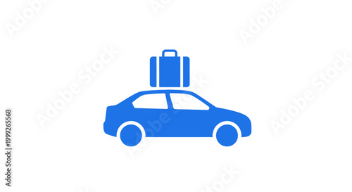 Blue car with a suitcase on top.