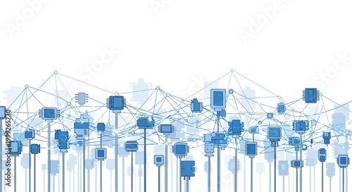 Abstract blue network of interconnected nodes and data points against a clean white background, symbolizing digital connectivity and information flow.