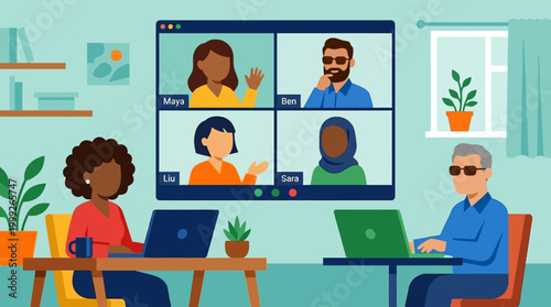 Remote workers collaborating online together.