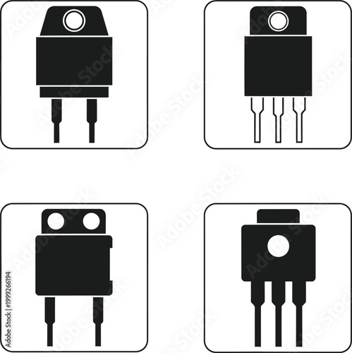 Power transistor and voltage regulator icon set isolated on transparent background, semiconductor components for electronic engineering