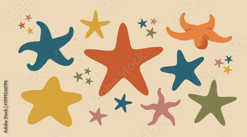 Colorful starfish and sea stars illustration.