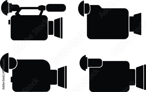 Video camera icon set isolated on transparent background, professional filmmaking and broadcast media equipment collection