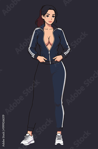 Donna in piedi con abbigliamento casual tuta, illustrazione vettoriale