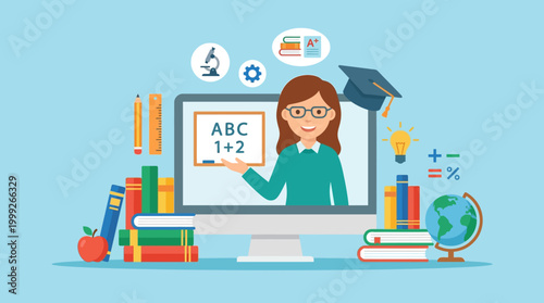 Online education and learning concept with teacher on computer screen.