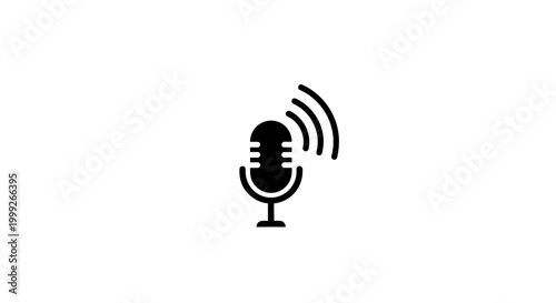 Black Microphone Icon with Sound Waves.