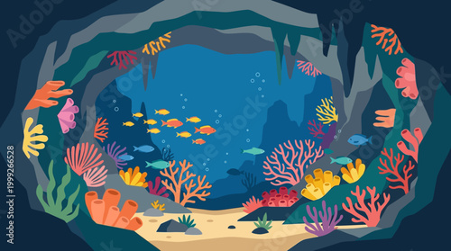 Vibrant coral reef scene with fish.